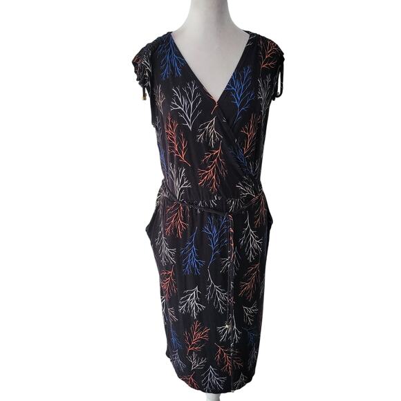 Liz Claiborne Size M Black Dress Branch Print Cap Sleeve Faux Wrap Waist - Picture 1 of 9